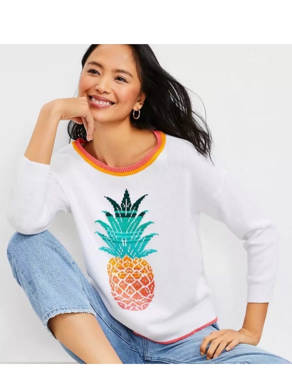 Loft Colorful Pineapple Cotton Sweater Women’s Size S Relaxed Fit Stretch Knit